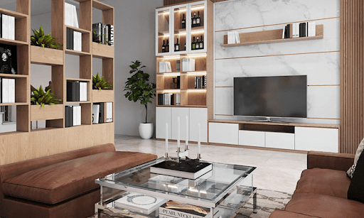 Giá trang trí và kệ tivi từ gỗ MDF giúp không gian trở nên sang trọng hơn
