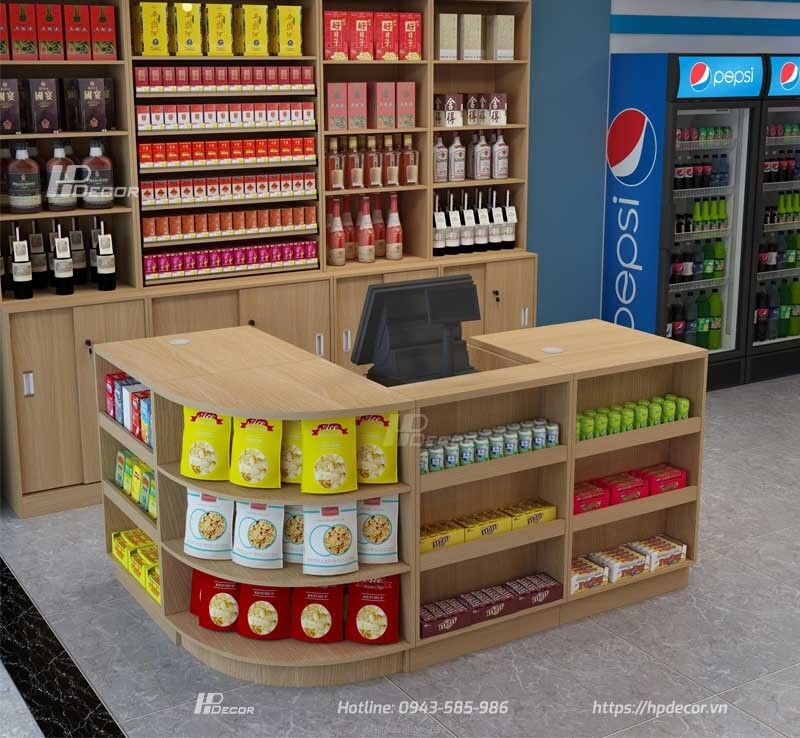 Tổng hợp các mẫu kệ trưng bày tạp hóa đẹp, giá rẻ, tối ưu diện tích Ban Thu Ngan Sieu Thi 4 Hpdecor
