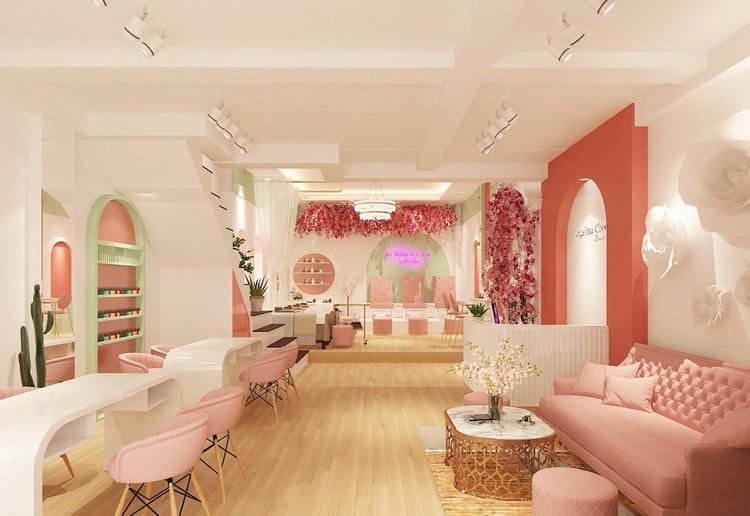 TOP 20+ tiệm nail màu hồng được thiết kế & trang trí đẹp mê mẩn Tiem Nail Mau Hong 8